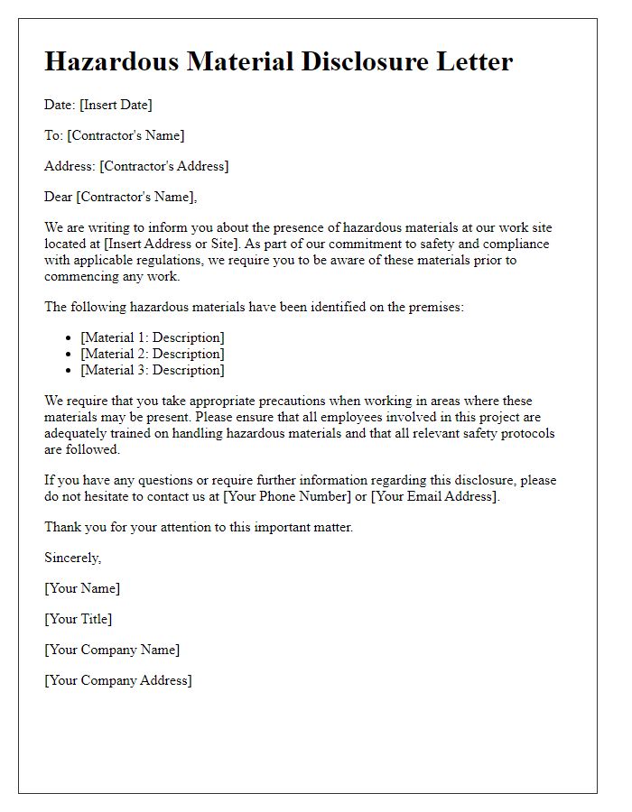 Letter template of hazardous material disclosure for contractors.