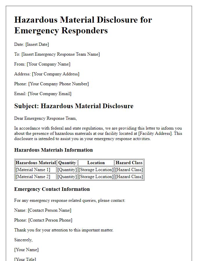 Letter template of hazardous material disclosure for emergency responders.