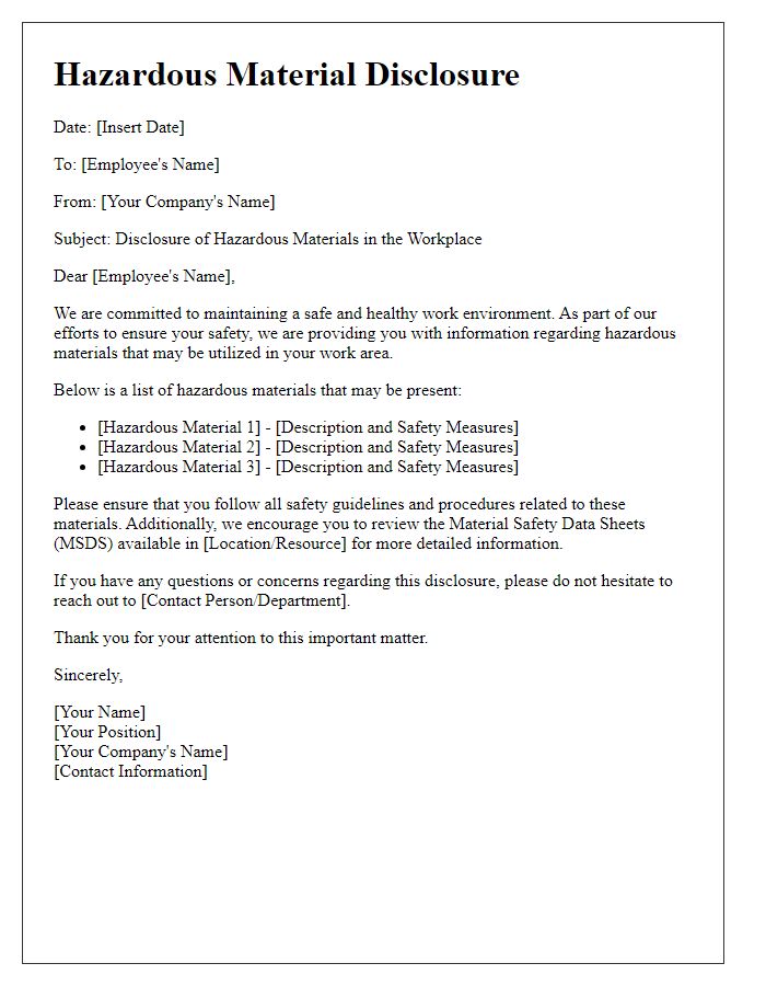 Letter template of hazardous material disclosure for employees.