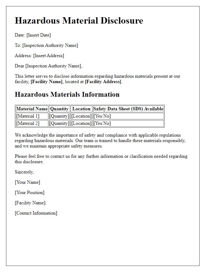 Letter template of hazardous material disclosure for facility inspections.