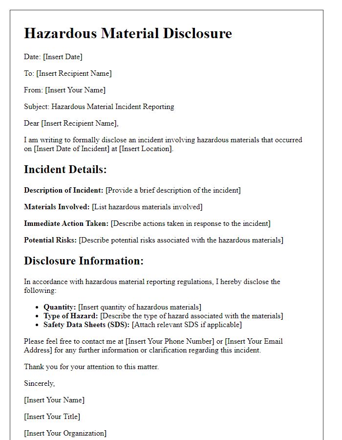 Letter template of hazardous material disclosure for incident reporting.