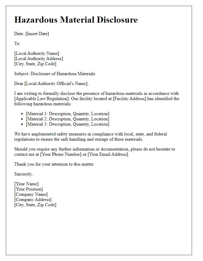 Letter template of hazardous material disclosure for local authorities.