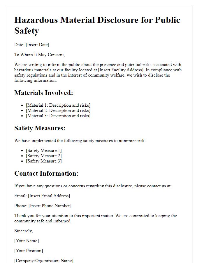 Letter template of hazardous material disclosure for public safety announcements.