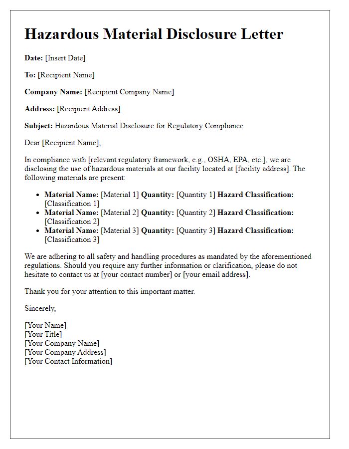 Letter template of hazardous material disclosure for regulatory compliance.