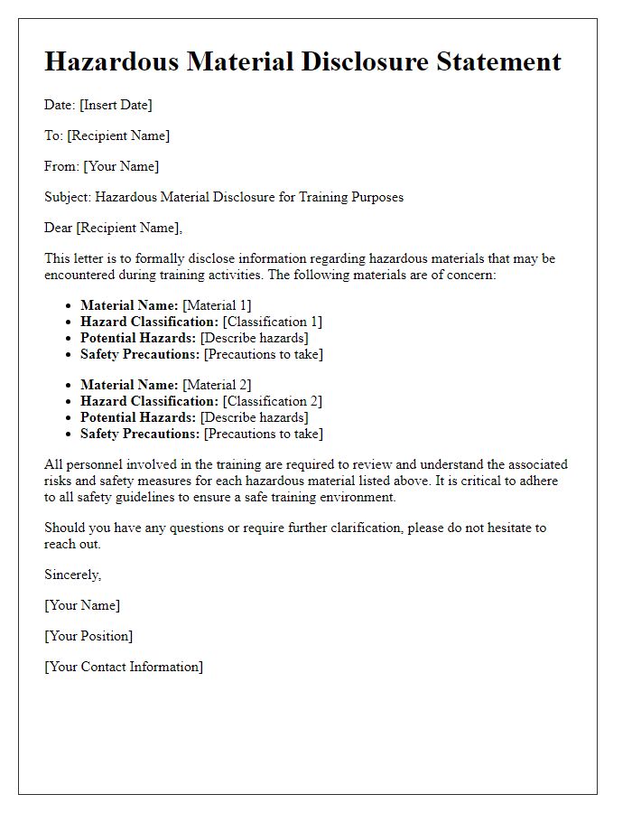 Letter template of hazardous material disclosure for training purposes.