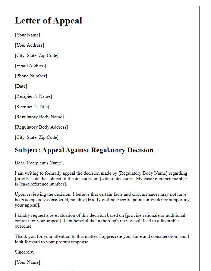 Letter template of appeal against financial market regulatory decisions