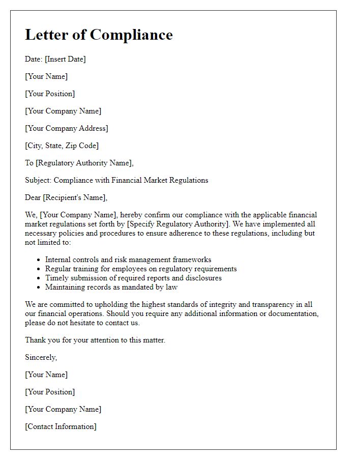 Letter template of compliance for financial market regulations