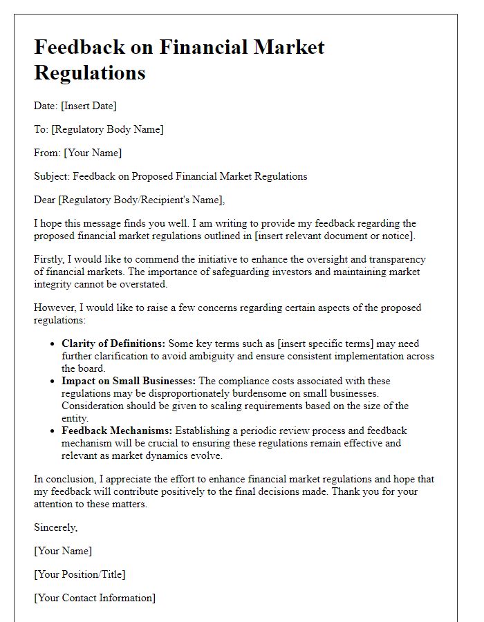 Letter template of feedback on financial market regulations