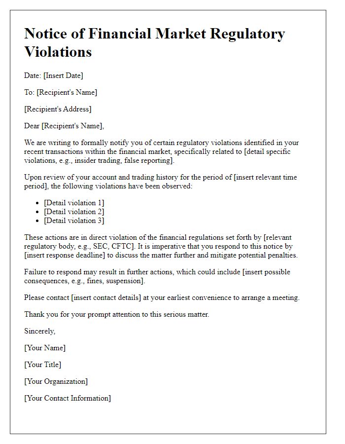 Letter template of notice for financial market regulatory violations