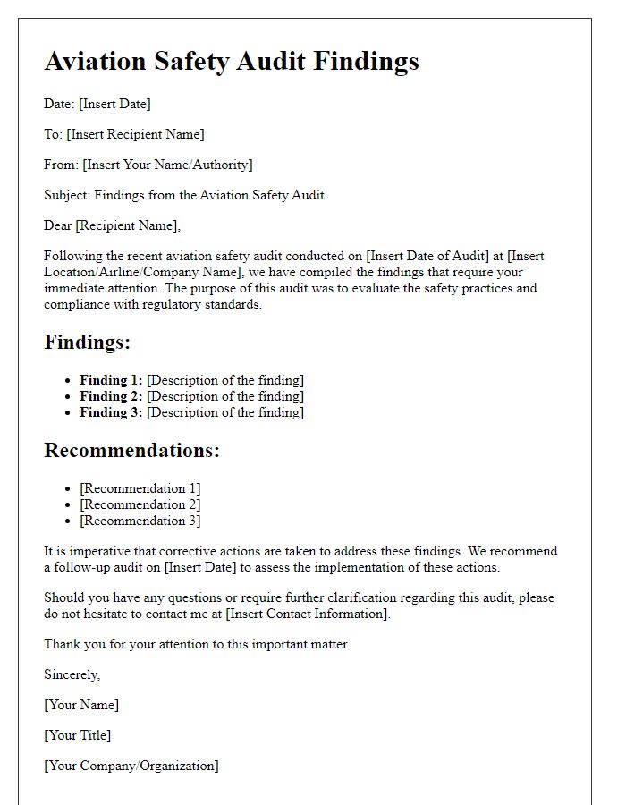 Letter template of aviation safety audit findings