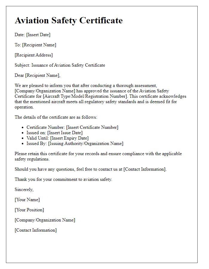 Letter template of aviation safety certificate issuance