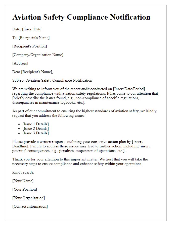 Letter template of aviation safety compliance notification