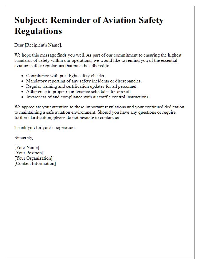 Letter template of aviation safety regulation reminder