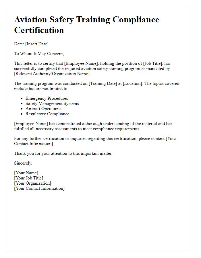 Letter template of aviation safety training compliance