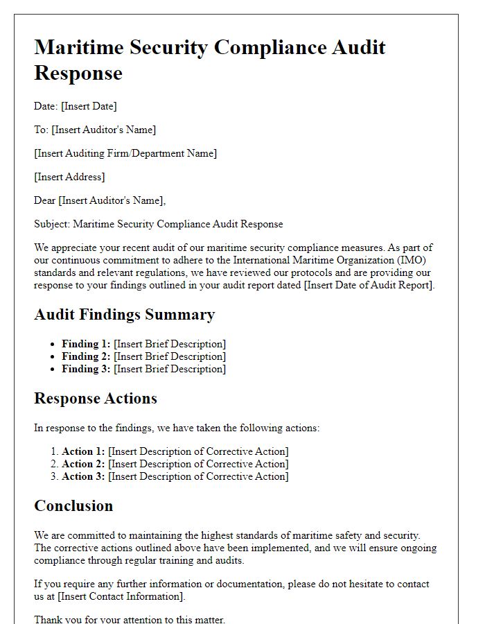 Letter template of maritime security compliance for audit response.