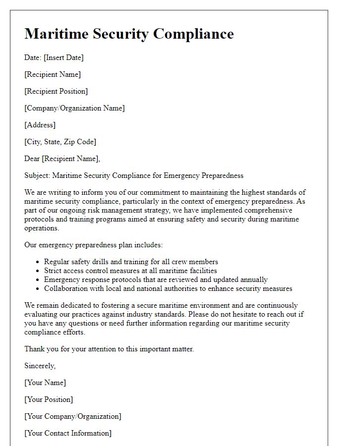 Letter template of maritime security compliance for emergency preparedness.