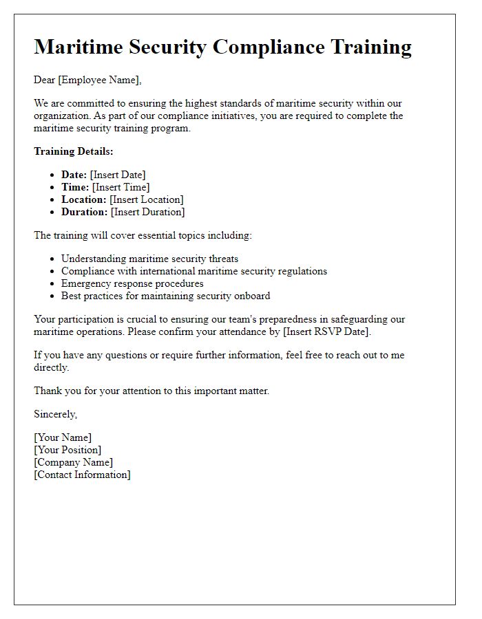 Letter template of maritime security compliance for employee training.