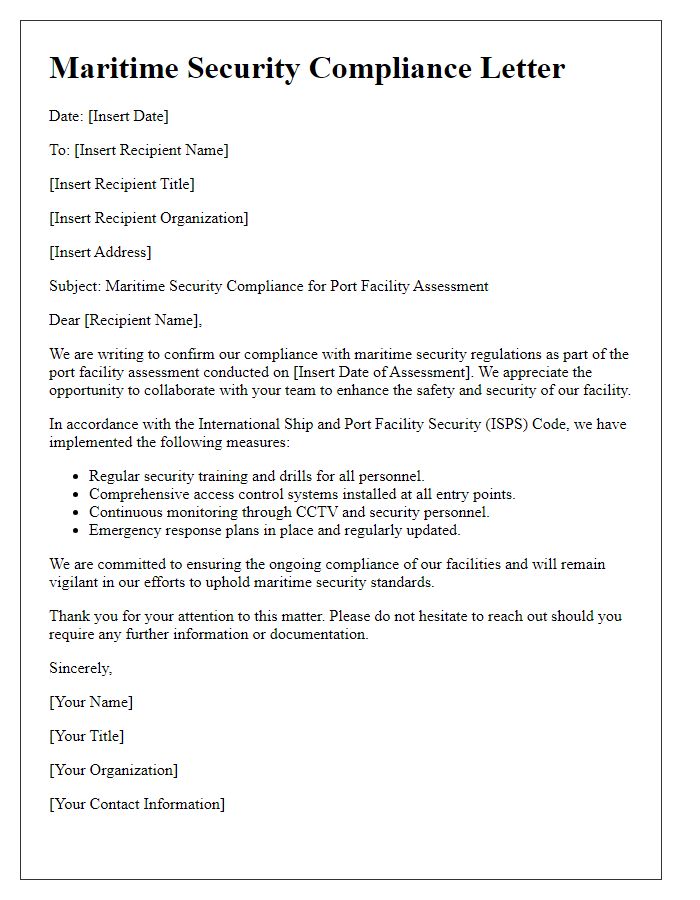 Letter template of maritime security compliance for port facility assessment.