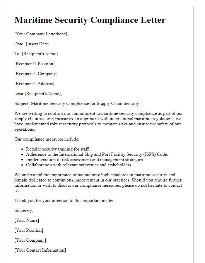 Letter template of maritime security compliance for supply chain security.