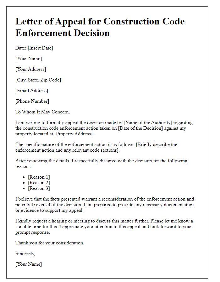 Letter template of appeal for construction code enforcement decision.