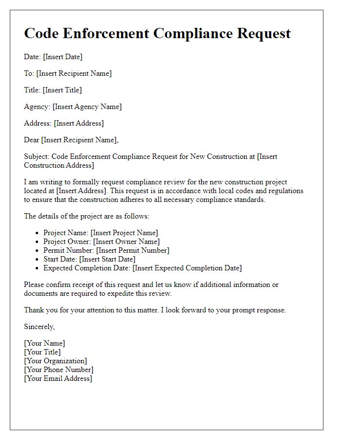 Letter template of code enforcement compliance request for new construction.