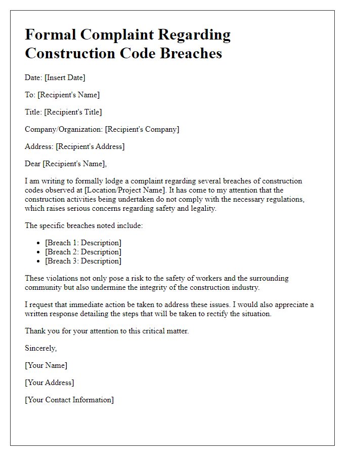 Letter template of formal complaint against construction code breaches.