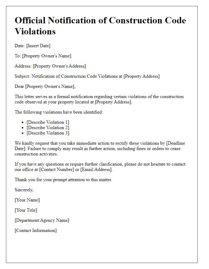 Letter template of notification for construction code violations.