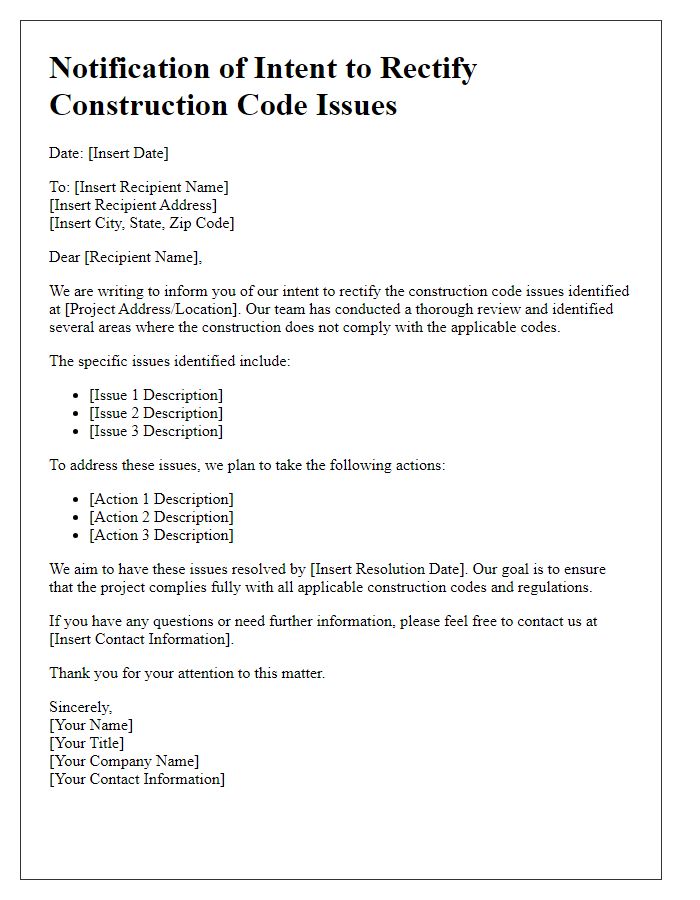 Letter template of notification of intent to rectify construction code issues.