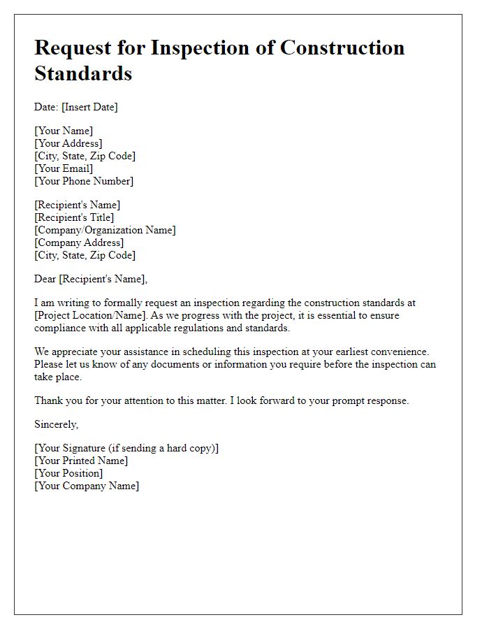 Letter template of request for inspection regarding construction standards.