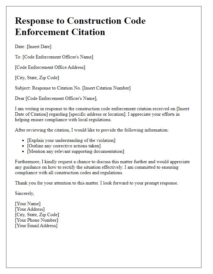 Letter template of response to construction code enforcement citation.