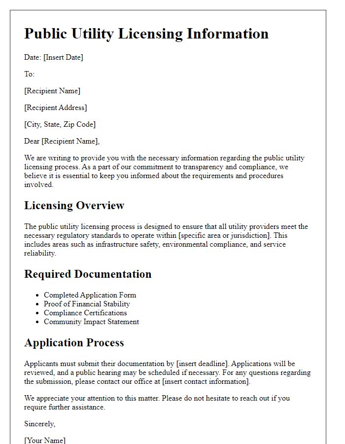 Letter template of Public Utility Licensing Information