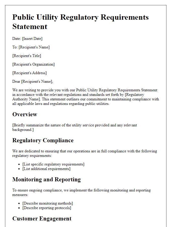 Letter template of Public Utility Regulatory Requirements Statement