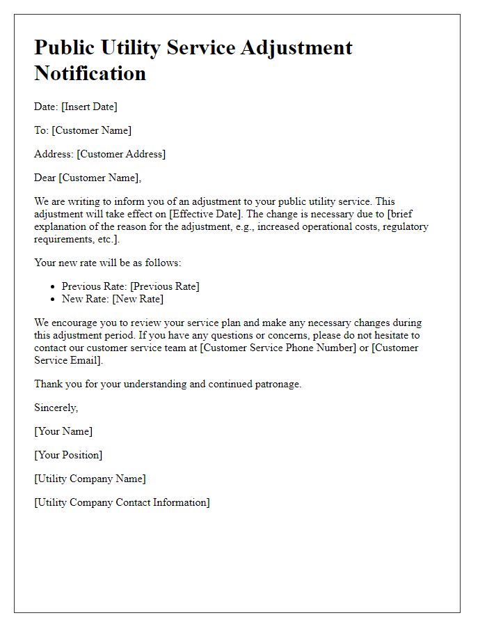 Letter template of Public Utility Service Adjustment Notification