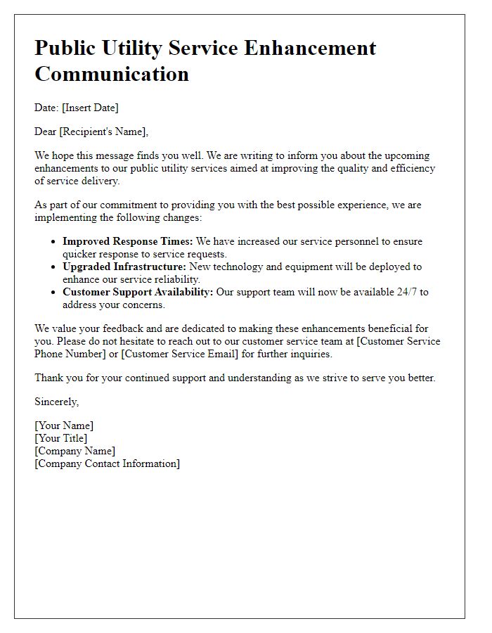 Letter template of Public Utility Service Enhancement Communication