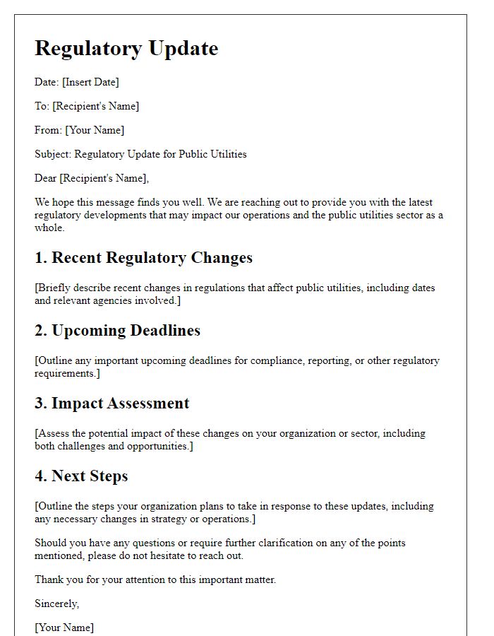 Letter template of Regulatory Update for Public Utilities