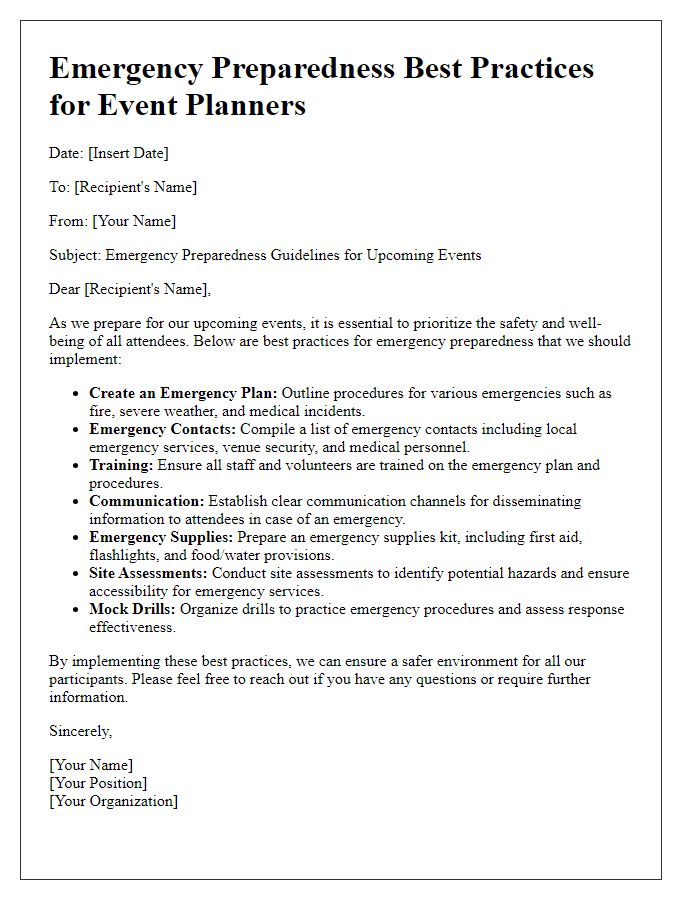 Letter template of emergency preparedness best practices for event planners