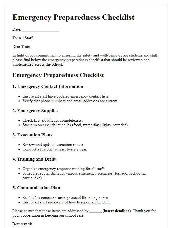 Letter template of emergency preparedness checklist for schools