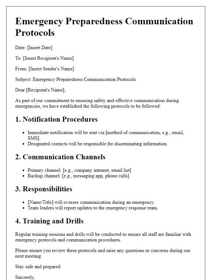 Letter template of emergency preparedness communication protocols