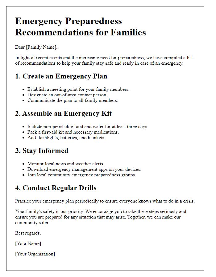 Letter template of emergency preparedness recommendations for families