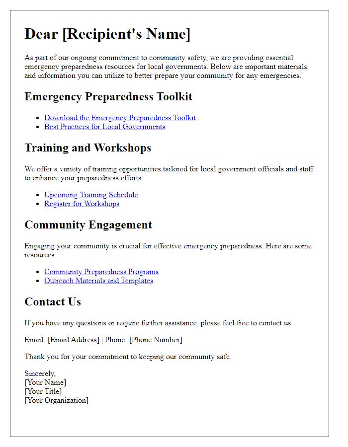 Letter template of emergency preparedness resources for local government