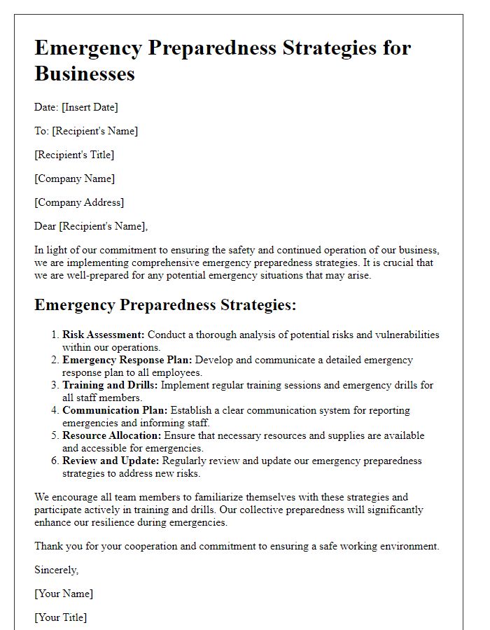 Letter template of emergency preparedness strategies for businesses