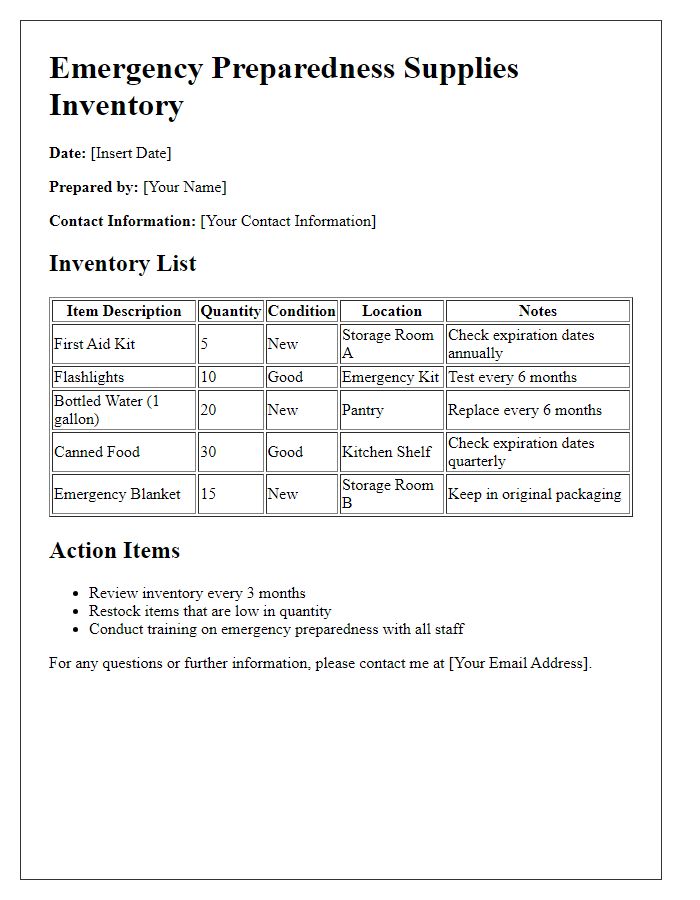 Letter template of emergency preparedness supplies inventory