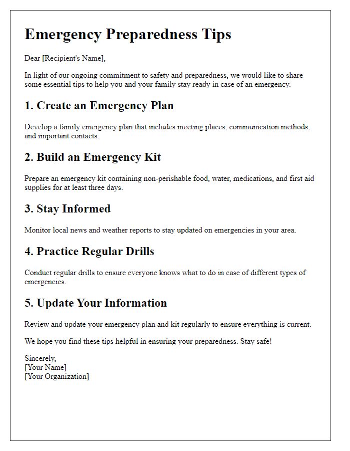 Letter template of emergency preparedness tips for individuals