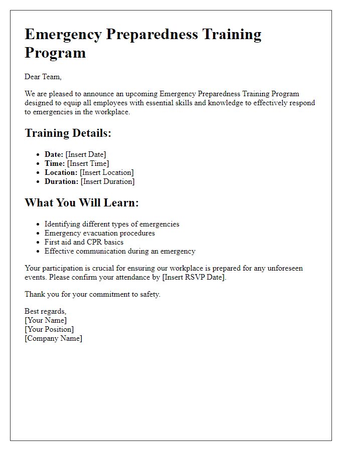 Letter template of emergency preparedness training programs for employees