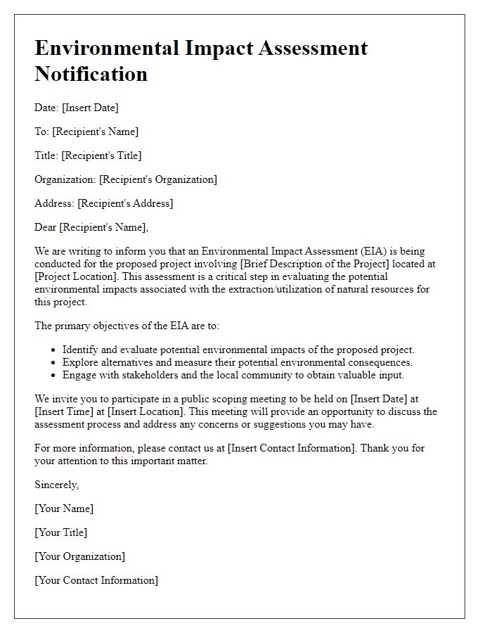 Letter template of environmental impact assessment for natural resources