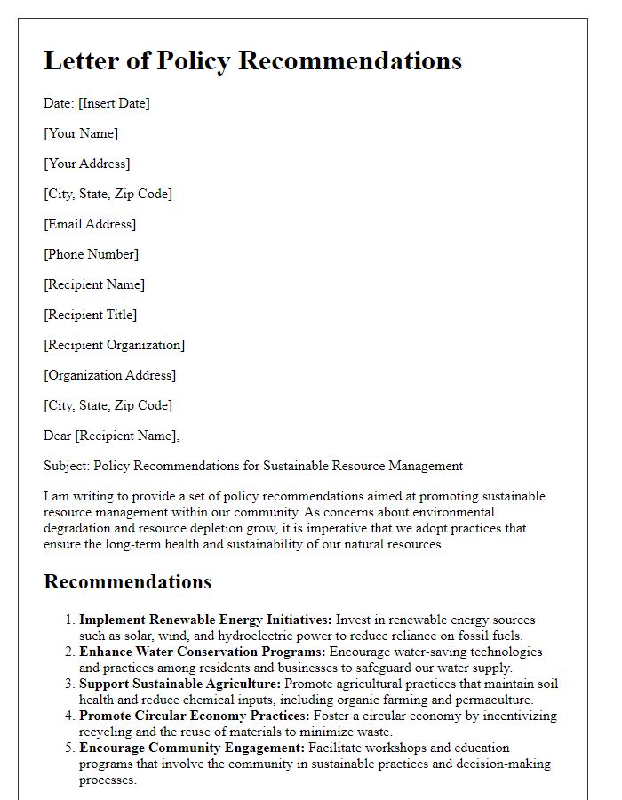 Letter template of policy recommendations for sustainable resource management