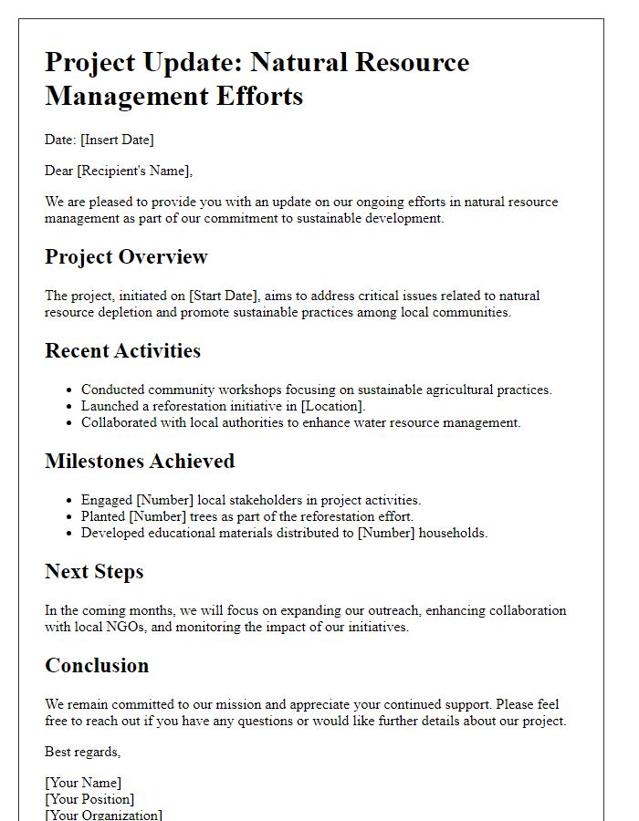 Letter template of project update on natural resource management efforts