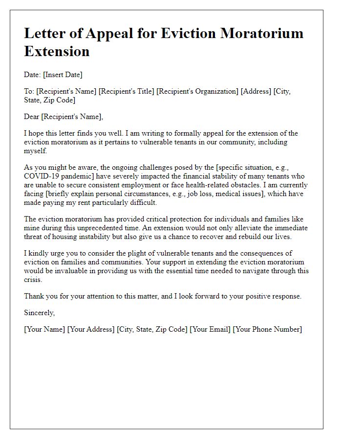 Letter template of appeal for eviction moratorium extension for vulnerable tenants.