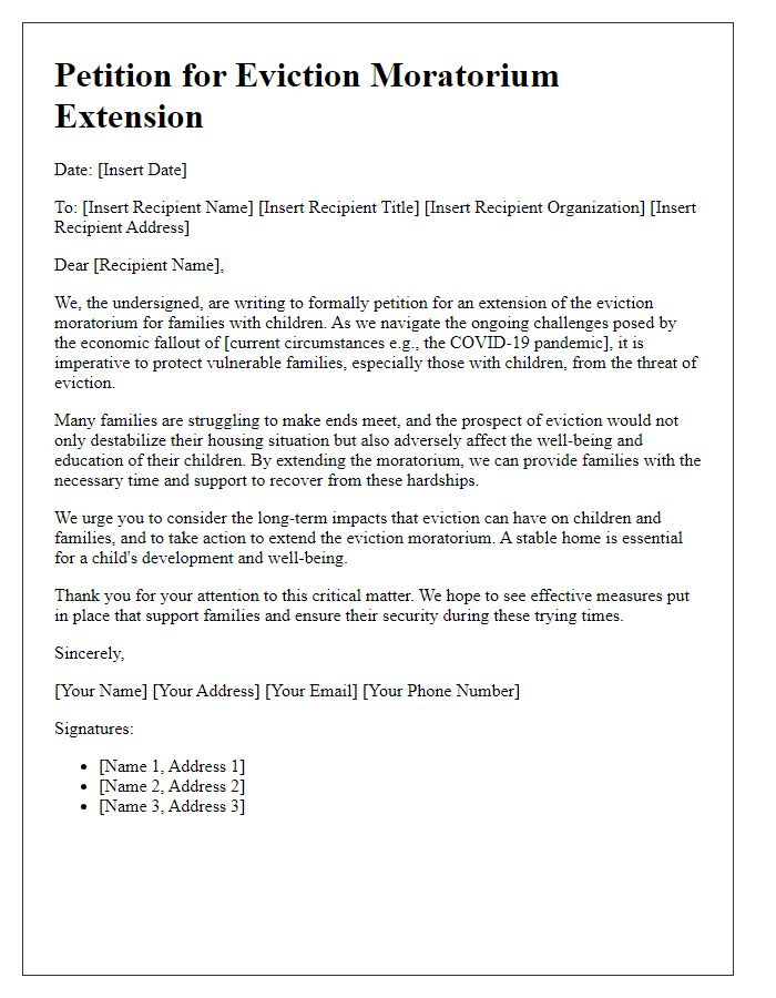 Letter template of petition for eviction moratorium extension for families with children.