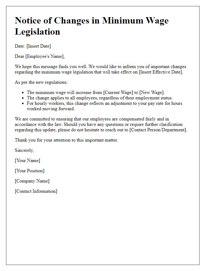 Letter template of changes in minimum wage legislation